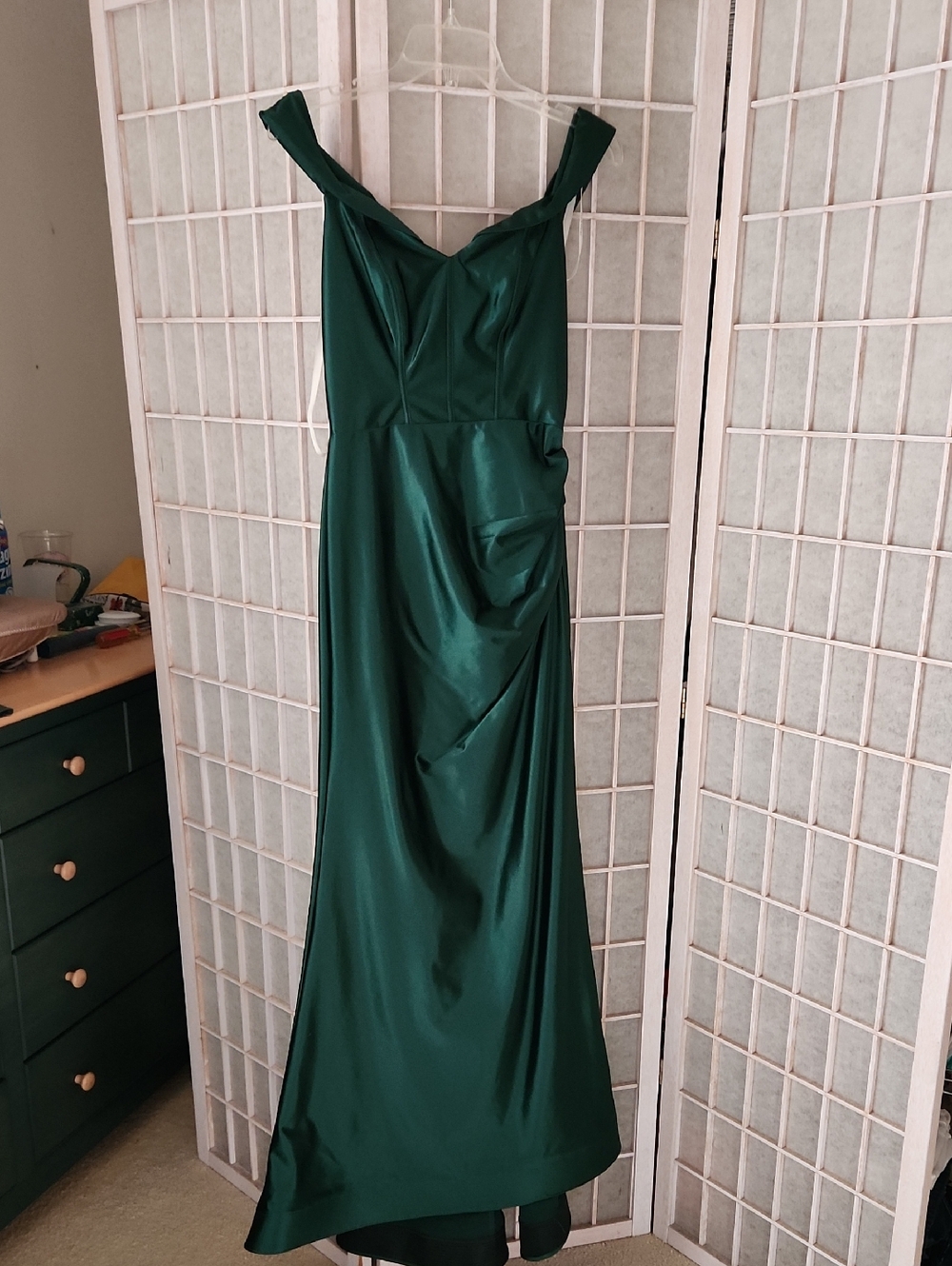 Emerald Off-Shoulder Satin Maxi Dress Size 2 Worn Once